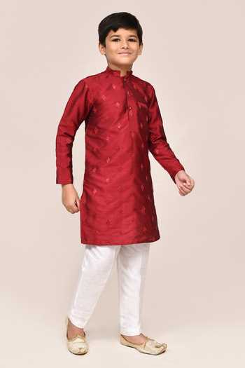 Shop_Petite Pomme_Maroon Silk Sequins Kurta And White Pant Set _Online_at_Aza_Fashions