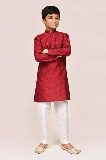 Petite Pomme_Maroon Silk Sequins Kurta And White Pant Set _at_Aza_Fashions