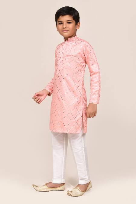 Shop_Petite Pomme_Pink Silk Mirrors Work Blend Kurta And Pant Set _Online_at_Aza_Fashions