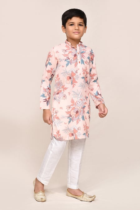 Petite Pomme Peach Cotton, Silk Floral Printed Kurta And Pant Set 