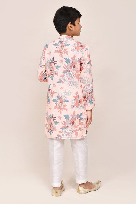 Shop_Petite Pomme_Peach Cotton, Silk Floral Printed Kurta And Pant Set _at_Aza_Fashions