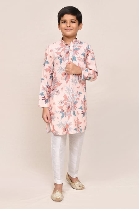 Buy_Petite Pomme_Peach Cotton, Silk Floral Printed Kurta And Pant Set _Online_at_Aza_Fashions
