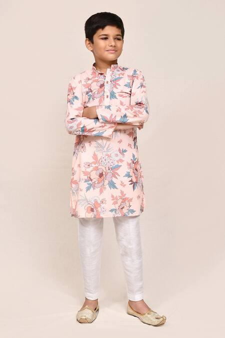 Shop_Petite Pomme_Peach Cotton, Silk Floral Printed Kurta And Pant Set _Online_at_Aza_Fashions