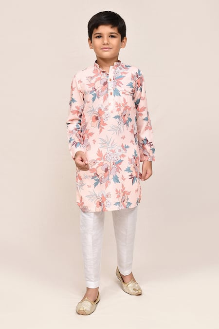 Petite Pomme_Peach Cotton, Silk Floral Printed Kurta And Pant Set _at_Aza_Fashions