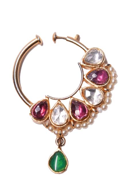 Vasundhara_Gold Plated Imitation Gemstones Embellished Designer Nath _Online_at_Aza_Fashions