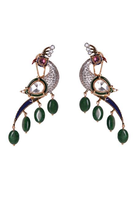 Vasundhara_Gold Plated Imitation Gemstones Saanjh Peacock Earrings _Online_at_Aza_Fashions