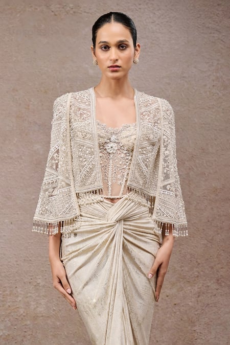 Buy_Tarun Tahiliani_Ivory Tulle, Net, Jersey Beads Open Neck, Sweetheart Foil Corset And Skirt Set _Online_at_Aza_Fashions