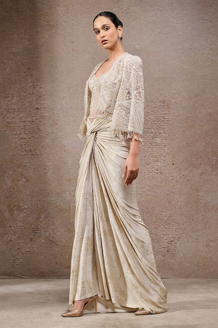 Shop_Tarun Tahiliani_Ivory Tulle, Net, Jersey Beads Open Neck, Sweetheart Foil Corset And Skirt Set _Online_at_Aza_Fashions