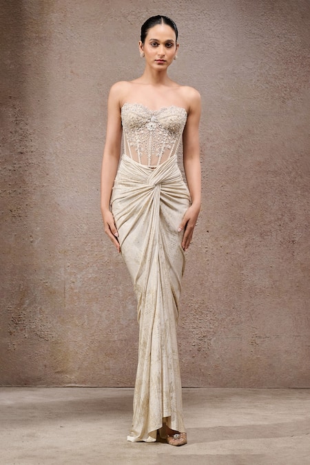 Tarun Tahiliani_Ivory Tulle, Net, Jersey Beads Open Neck, Sweetheart Foil Corset And Skirt Set _at_Aza_Fashions