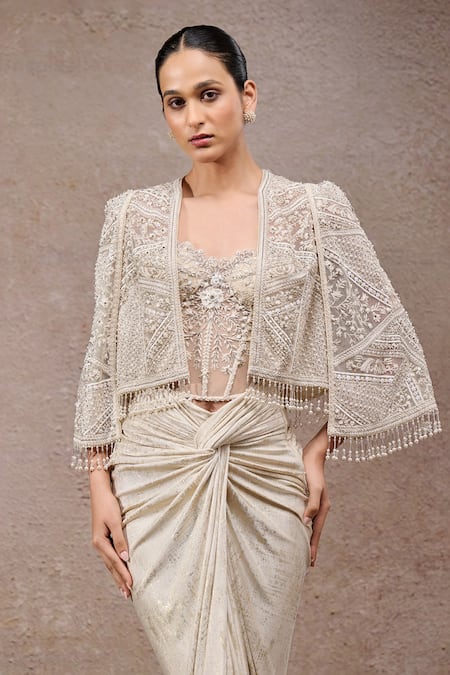 Buy_Tarun Tahiliani_Ivory Tulle, Net, Jersey Beads Open Neck, Sweetheart Foil Corset And Skirt Set 