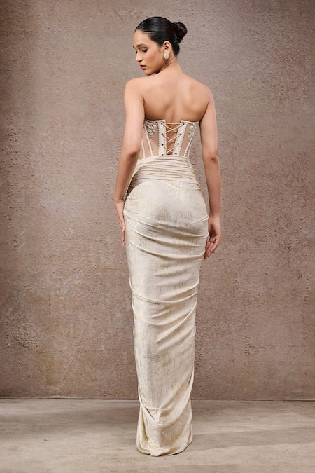 Shop_Tarun Tahiliani_Ivory Tulle, Net, Jersey Beads Open Neck, Sweetheart Foil Corset And Skirt Set 