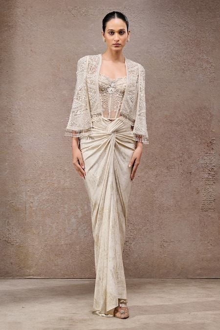 Tarun Tahiliani Ivory Tulle, Net, Jersey Beads Open Neck, Sweetheart Foil Corset And Skirt Set 