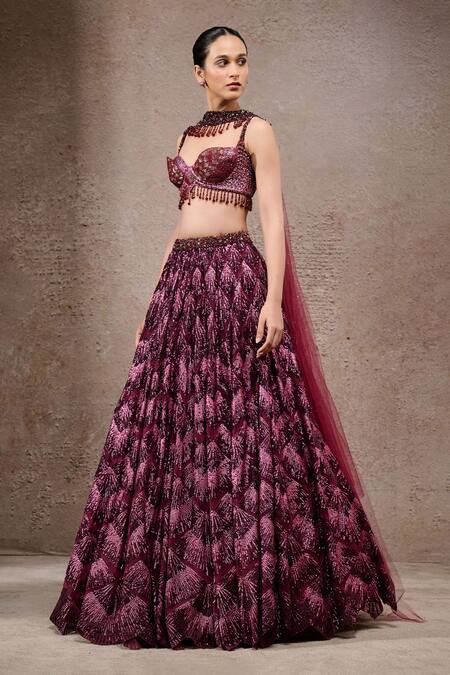 Tarun Tahiliani_Purple Tulle, Net Sequins, Embroidery, Beads Halter Neck Plum Lehenga Set _Online_at_Aza_Fashions