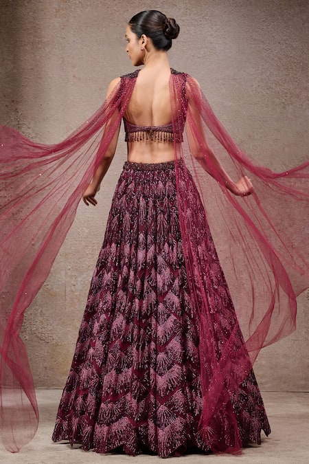 Shop_Tarun Tahiliani_Purple Tulle, Net Sequins, Embroidery, Beads Halter Neck Plum Lehenga Set _at_Aza_Fashions