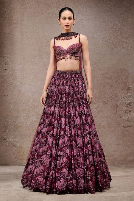 Tarun Tahiliani Purple Tulle, Net Sequins, Embroidery, Beads Halter Neck Plum Lehenga Set 