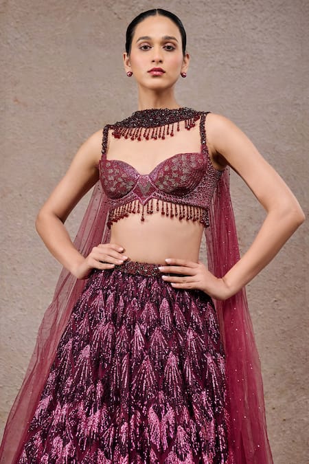 Buy_Tarun Tahiliani_Purple Tulle, Net Sequins, Embroidery, Beads Halter Neck Plum Lehenga Set _Online_at_Aza_Fashions
