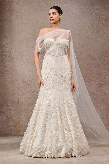 Tarun Tahiliani Ivory Net, Tulle Beads, Pearls, Sequins Sweetheart Embroidered Lehenga Saree Set 