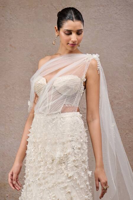 Shop_Tarun Tahiliani_Ivory Net, Tulle Beads, Pearls, Sequins Sweetheart Embroidered Lehenga Saree Set _Online_at_Aza_Fashions