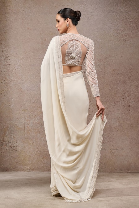 Shop_Tarun Tahiliani_Ivory Tulle, Net, Georgette Beads, Sequins, Designer Saree And Blouse Set _at_Aza_Fashions