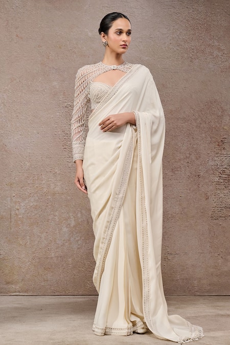 Tarun Tahiliani Ivory Tulle, Net, Georgette Beads, Sequins, Designer Saree And Blouse Set 