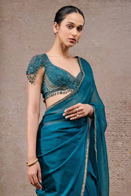 Tarun Tahiliani_Teal Tulle, Net, Chiffon Beads, Sequins Round Green Designer Saree And Blouse Set _Online_at_Aza_Fashions