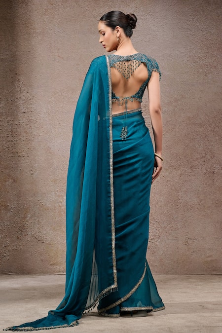 Tarun Tahiliani Teal Green Designer Saree With Unstitched Blouse Fabric 