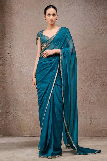 Buy_Tarun Tahiliani_Teal Chiffon Beads, Green Designer Saree With Unstitched Blouse Fabric _Online_at_Aza_Fashions