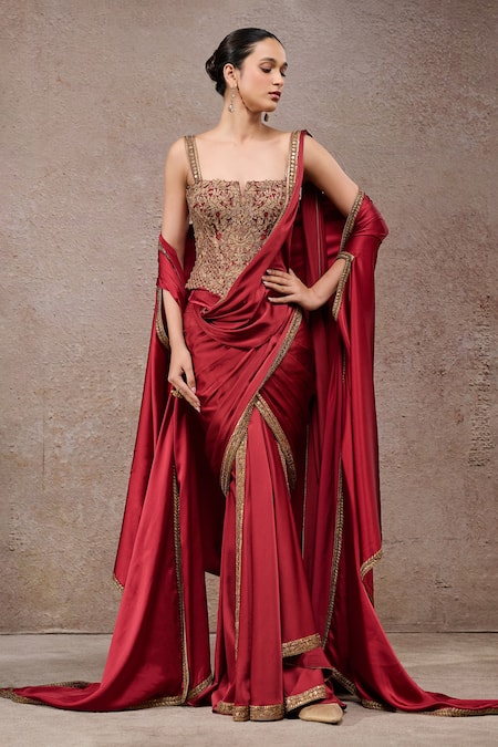 Buy_Tarun Tahiliani_Wine Tulle, Net Embroidery Square , Open Concept Saree And Cape Set _Online_at_Aza_Fashions