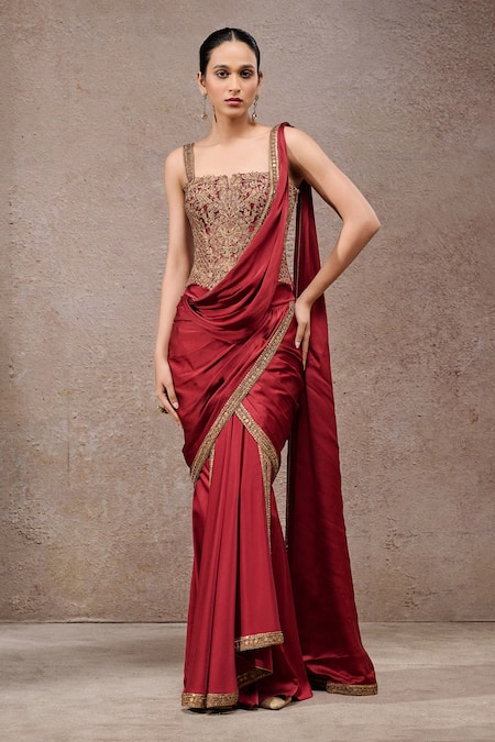 Tarun Tahiliani Wine Tulle, Net Embroidery Square , Open Concept Saree And Cape Set
