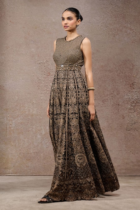 Tarun Tahiliani Black Tulle, Net Sequins, Embroidery Round Neck Designer Black-gold Jumpsuit Online at Aza Fashions Tarun Tahiliani_Black Tulle, Net Sequins, Embroidery Round Neck Designer Black-gold Jumpsuit _Online_at_Aza_Fashions
