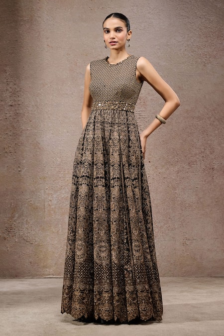 Tarun Tahiliani Black Tulle, Net Sequins, Embroidery Round Neck Designer Black-gold Jumpsuit 