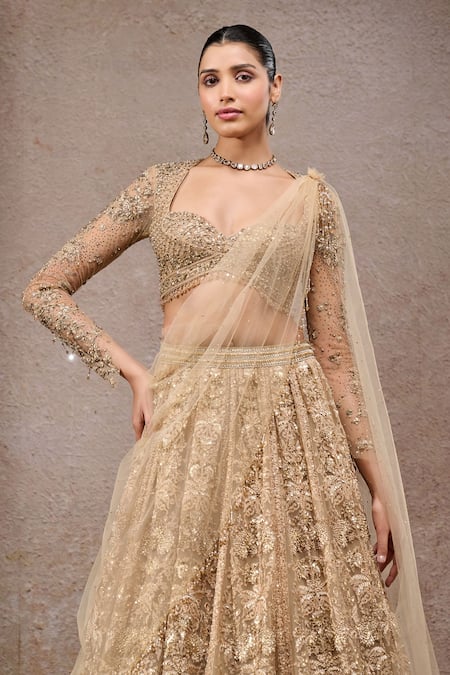 Tarun Tahiliani_Gold Tulle, Net Sequins, Embroidery Round Neck Embellished Lehenga Set _Online_at_Aza_Fashions