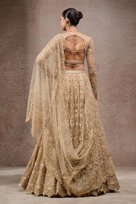 Tarun Tahiliani Gold Tulle Net Embroidered Lehenga Set 
