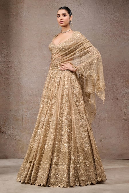 Tarun Tahiliani_Gold Tulle, Net Sequins, Embroidery Sweetheart Neck Lehenga Set _Online_at_Aza_Fashions