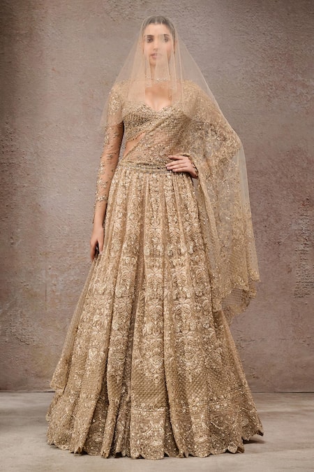 Tarun Tahiliani Gold Tulle, Net Sequins, Embroidery Sweetheart Neck Lehenga Set 
