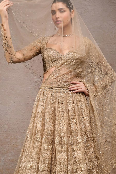 Buy_Tarun Tahiliani_Gold Tulle, Net Sequins, Embroidery Sweetheart Neck Lehenga Set _Online_at_Aza_Fashions