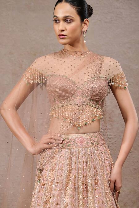 Tarun Tahiliani_Ivory Tulle, Net Sequins, Beads Round Neck Ivory-gold Lehenga Set _Online_at_Aza_Fashions