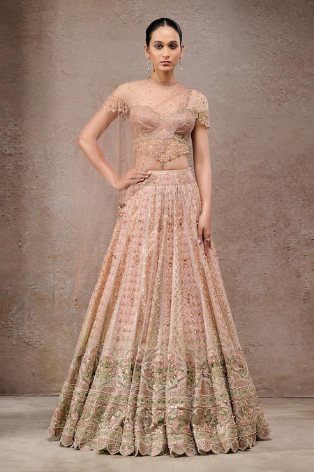 Tarun Tahiliani Ivory Tulle, Net Sequins, Beads Round Neck Ivory-gold Lehenga Set 