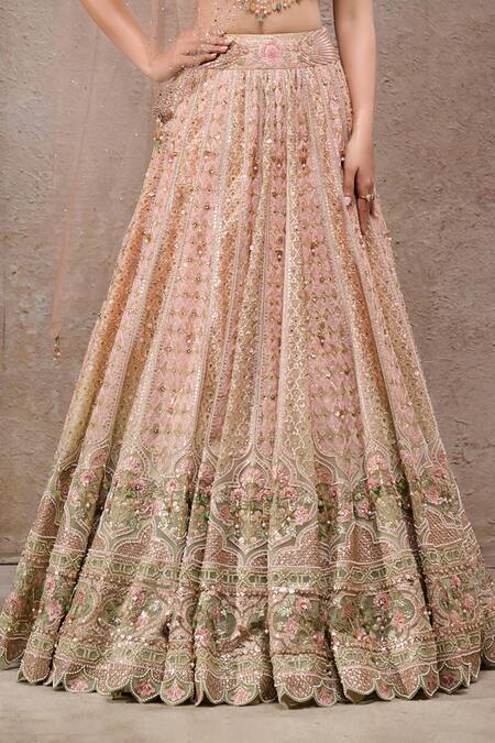 Shop_Tarun Tahiliani_Ivory Tulle, Net Sequins, Beads Round Neck Ivory-gold Lehenga Set _Online_at_Aza_Fashions
