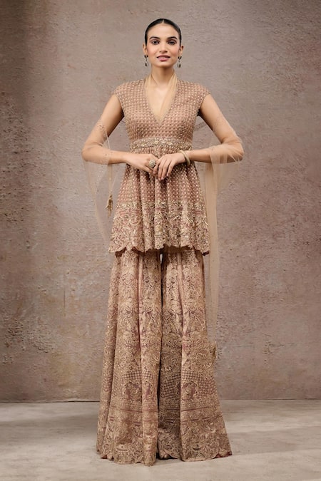 Tarun Tahiliani Gold Tulle Embroidery, Sequins V-neck Net Sharara Kurta Set