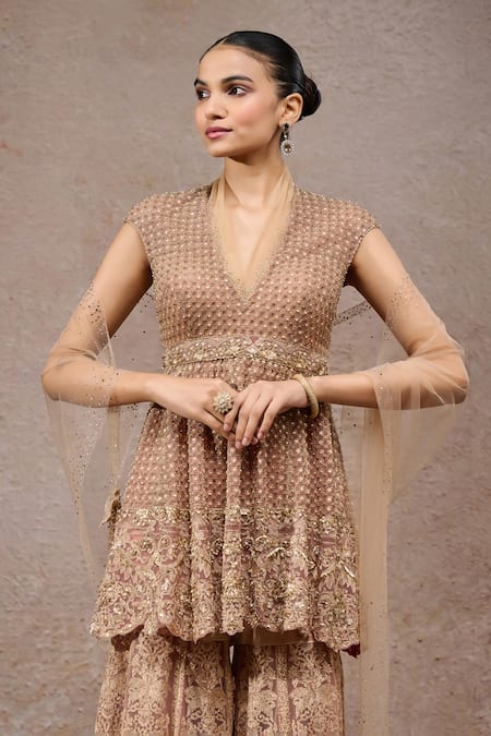 Tarun Tahiliani_Gold Tulle Embroidery, Sequins V-neck Net Sharara Kurta Set _Online_at_Aza_Fashions