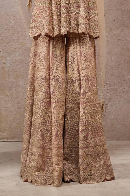 Buy_Tarun Tahiliani_Gold Tulle Embroidery, Sequins V-neck Net Sharara Kurta Set _Online_at_Aza_Fashions