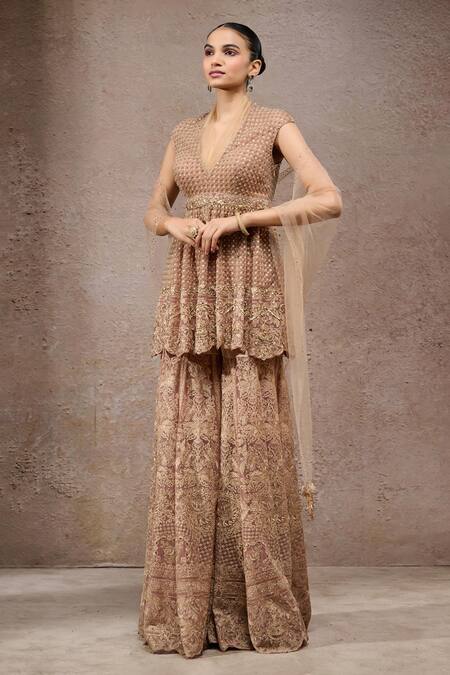 Shop_Tarun Tahiliani_Gold Tulle Embroidery, Sequins V-neck Net Sharara Kurta Set _Online_at_Aza_Fashions