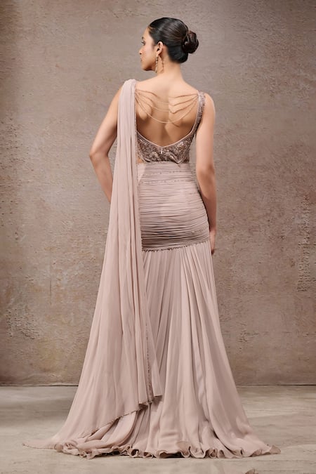 Shop_Tarun Tahiliani_Beige Chiffon, Tulle, Net Embroidery, Champagne Concept Saree And Bodysuit Set _at_Aza_Fashions