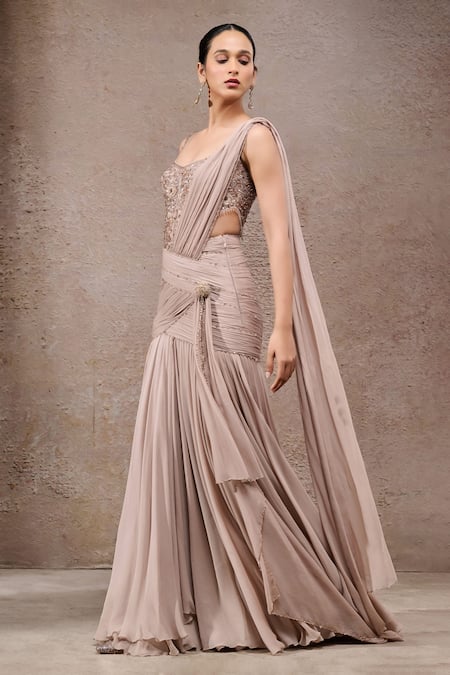 Buy_Tarun Tahiliani_Beige Chiffon, Tulle, Net Embroidery, Champagne Concept Saree And Bodysuit Set _Online_at_Aza_Fashions