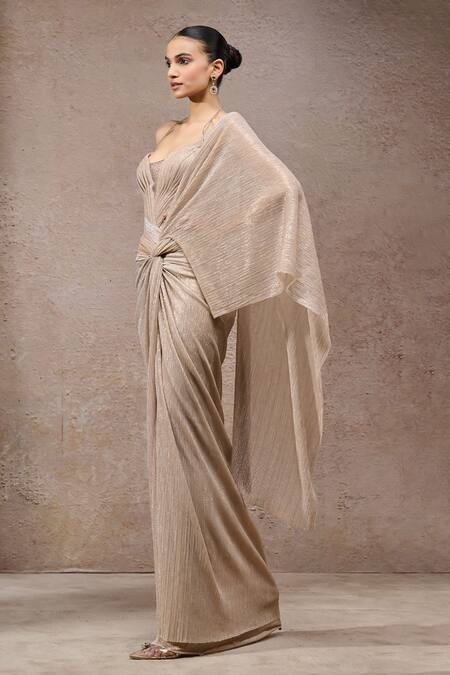 Tarun Tahiliani_Beige Net Crinkle Concept Saree _Online_at_Aza_Fashions