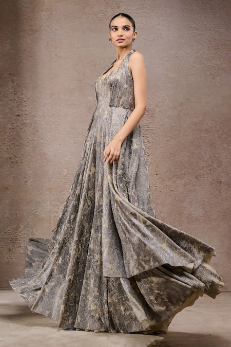 Buy_Tarun Tahiliani_Beige Net V-neck Beige-grey Crinkle Designer Gown _Online_at_Aza_Fashions