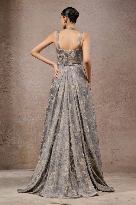 Tarun Tahiliani Beige-Grey Crinkle Net Designer Gown 
