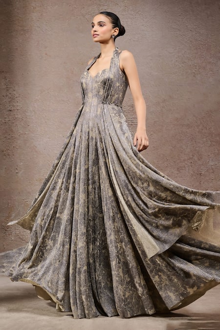 Shop_Tarun Tahiliani_Beige Net V-neck Beige-grey Crinkle Designer Gown _Online_at_Aza_Fashions