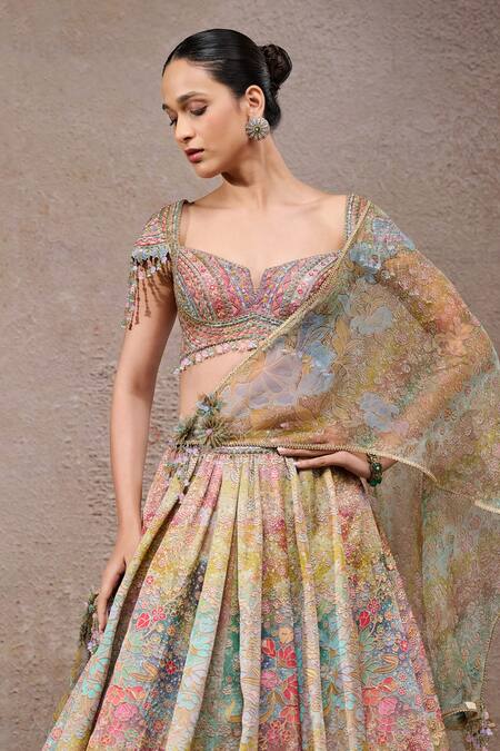 Buy_Tarun Tahiliani_Pink Chanderi, Satin, Silk Beads, Sequins Sweetheart Neck Designer Lehenga Set _Online_at_Aza_Fashions
